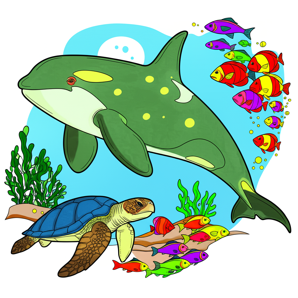 Orca and Turtle Ocean Adventure Coloring Page - Colored Preview