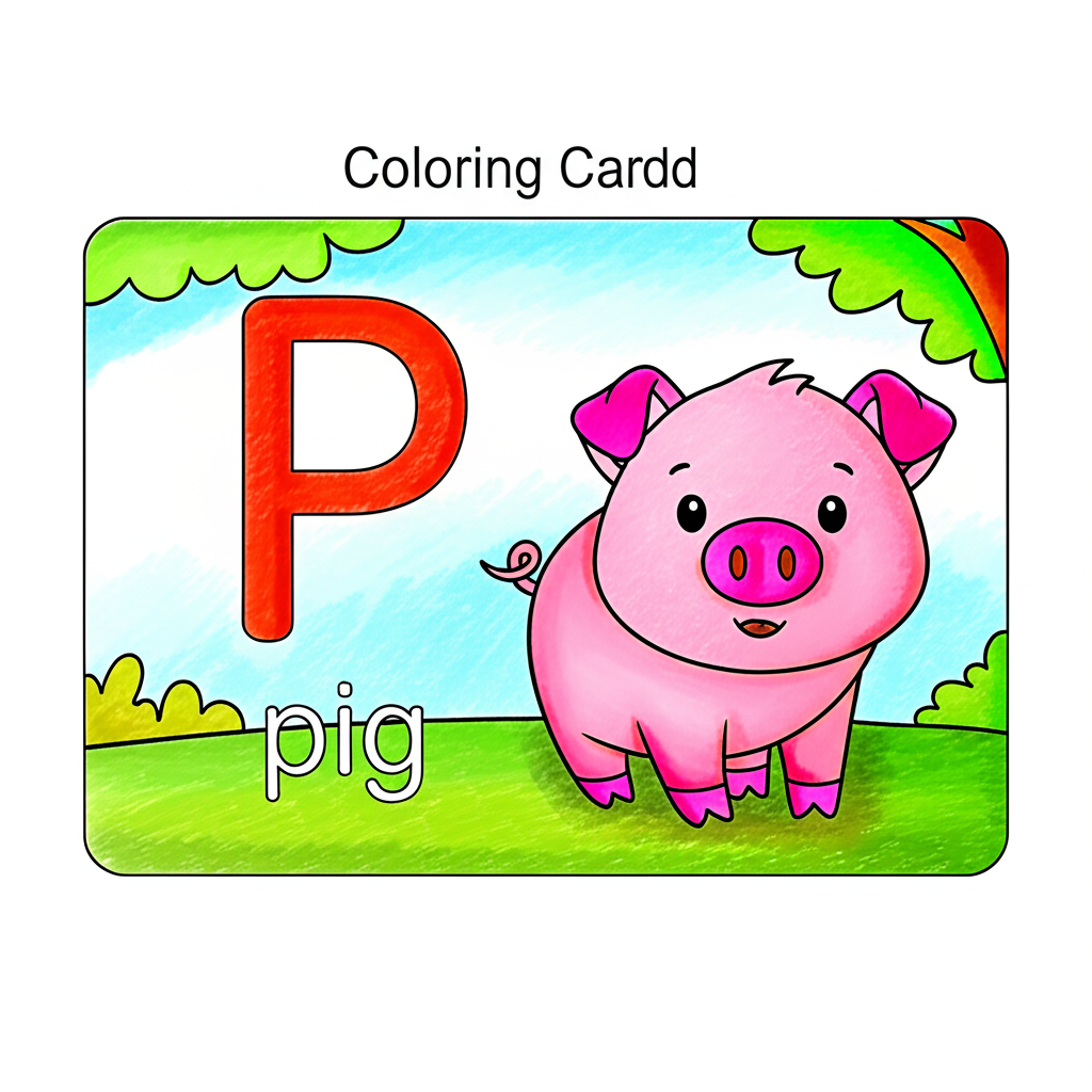 P for Pig Alphabet Card Coloring Page - Colored Preview