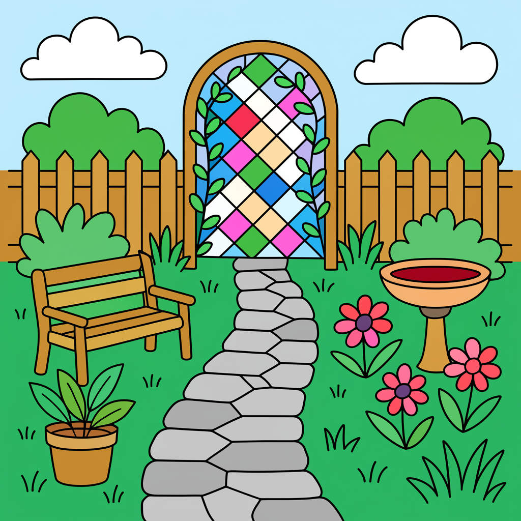 Peaceful Garden Pathway Coloring Page - Colored Preview