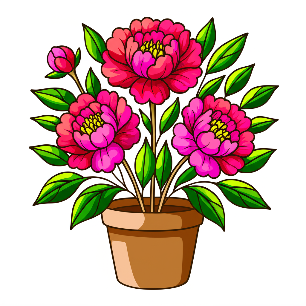 Potted Peony Perfection Coloring Page - Colored Preview