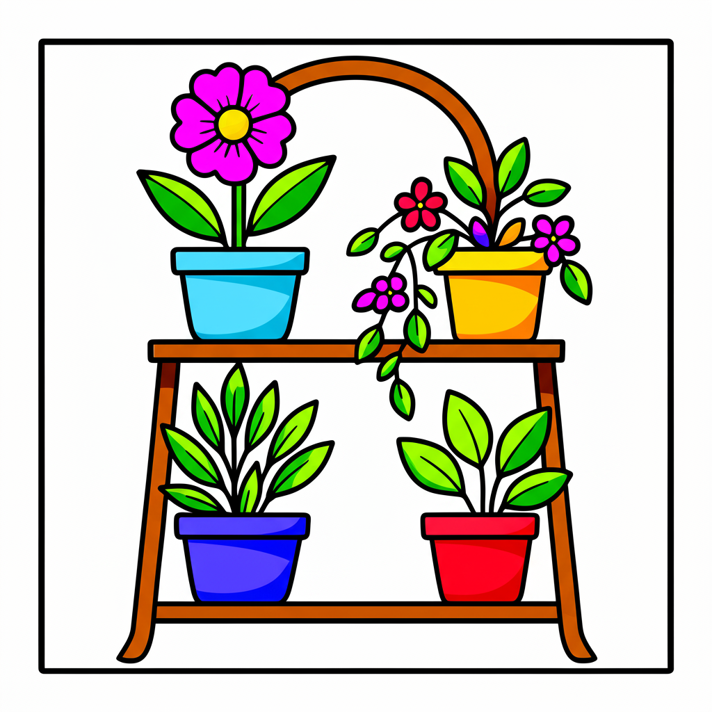 Potted Plant Paradise Shelf Coloring Page - Colored Preview