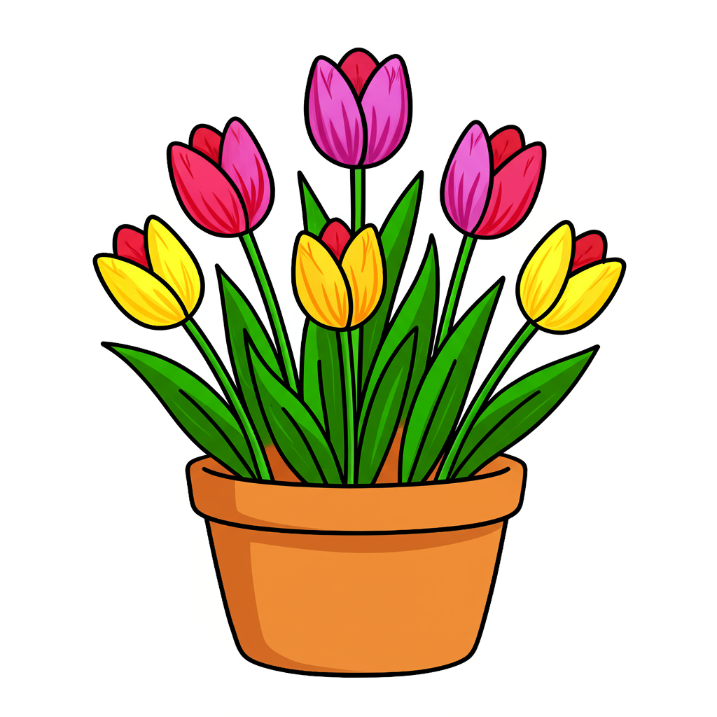 Potted Tulip Bouquet Coloring Page - Colored Preview