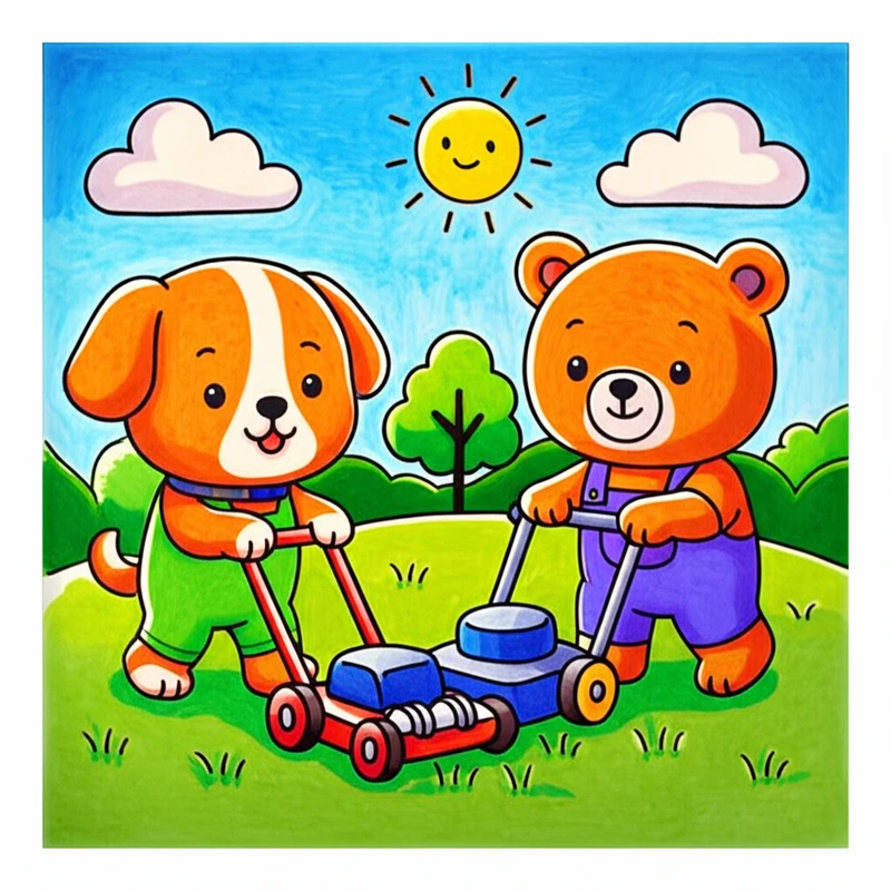Puppy and Bear's Sunny Mowing Day Coloring Page - Colored Preview