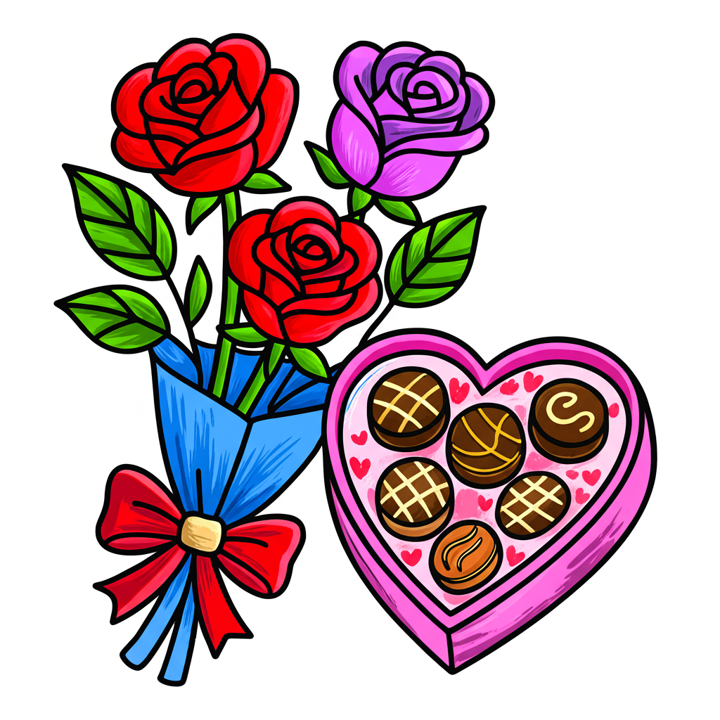 Romantic Roses and Chocolates Coloring Page - Colored Preview