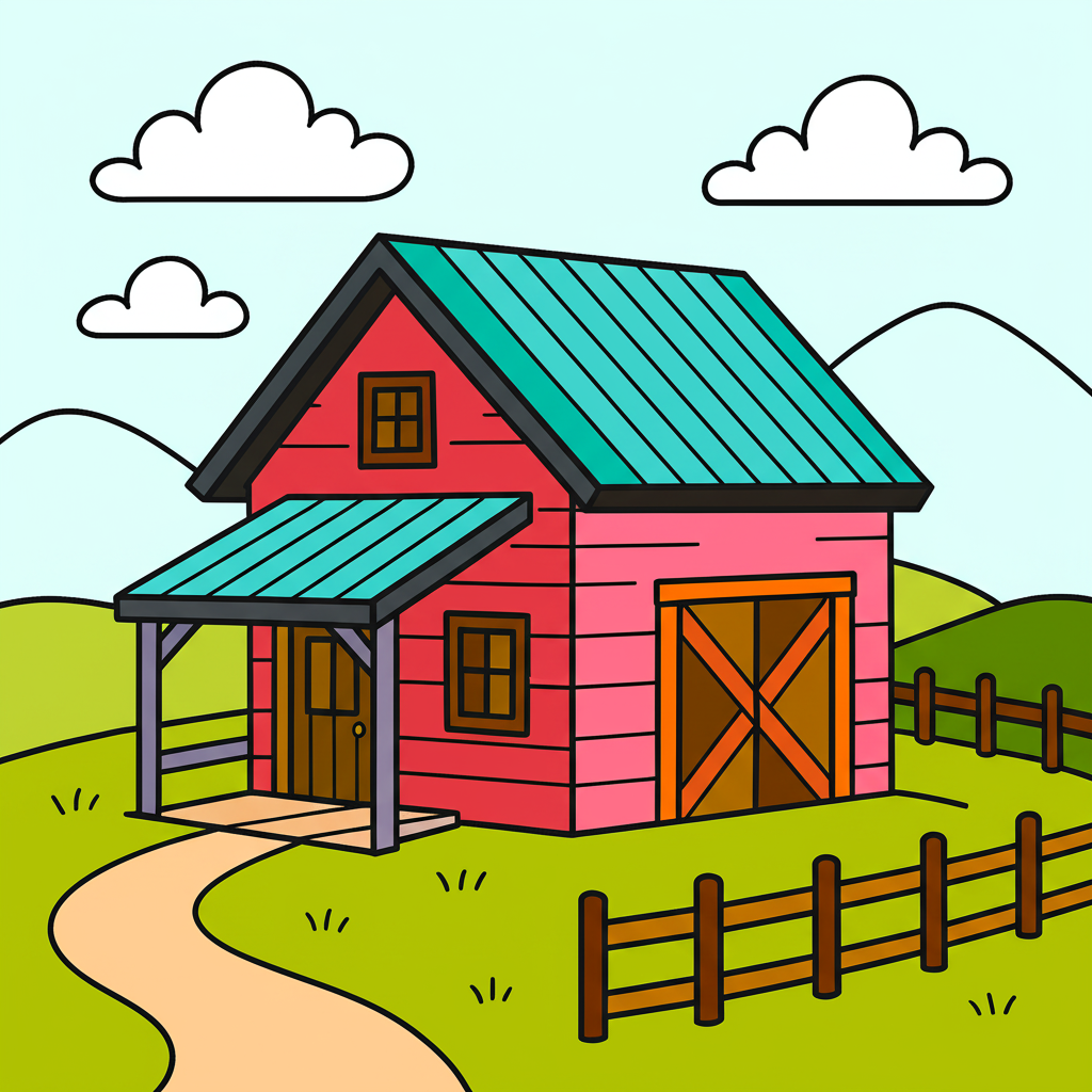 Rustic Country Barn Coloring Page - Colored Preview