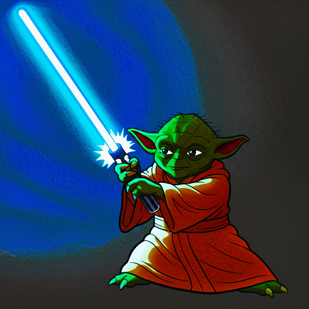 Yoda with Lightsaber Ready Coloring Page - Colored Preview