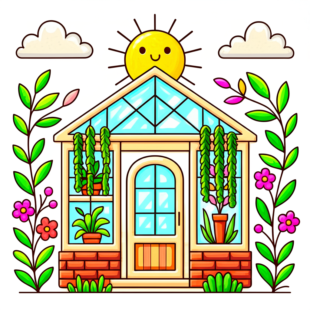 Sunny Greenhouse Garden Coloring Page - Colored Preview