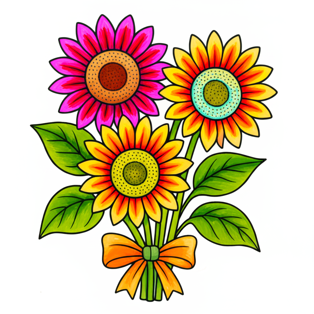 Sunny Sunflower Bouquet Coloring Page - Colored Preview
