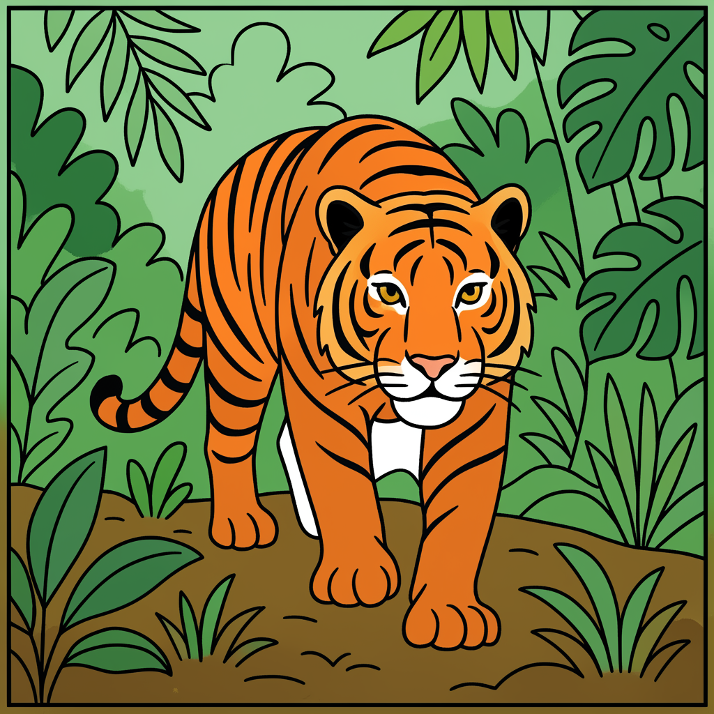 Majestic Tiger Jungle Stroll Coloring Page - Colored Preview