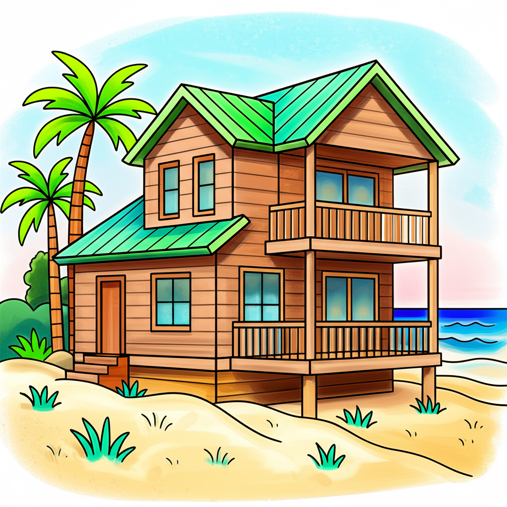 Tropical Beach House Getaway Coloring Page - Colored Preview