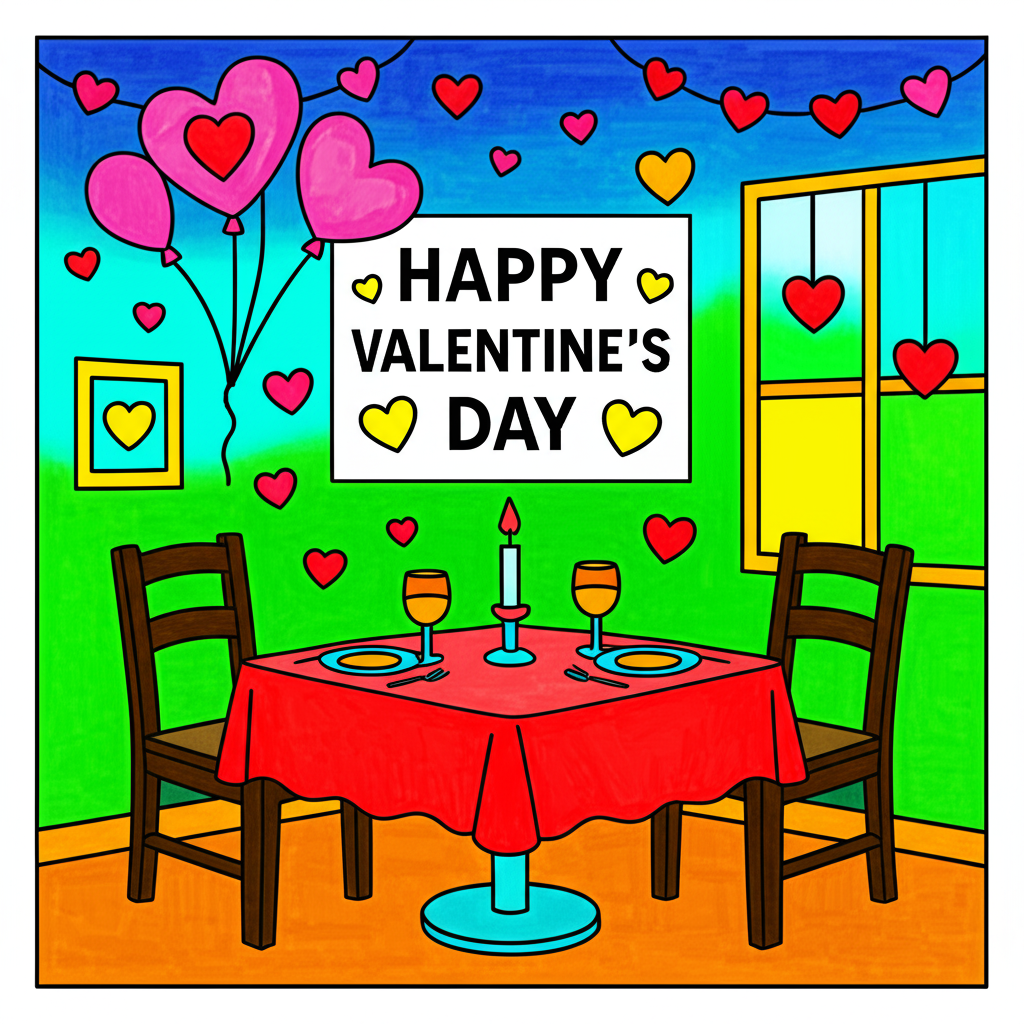Romantic Valentine's Dinner Date Coloring Page - Colored Preview