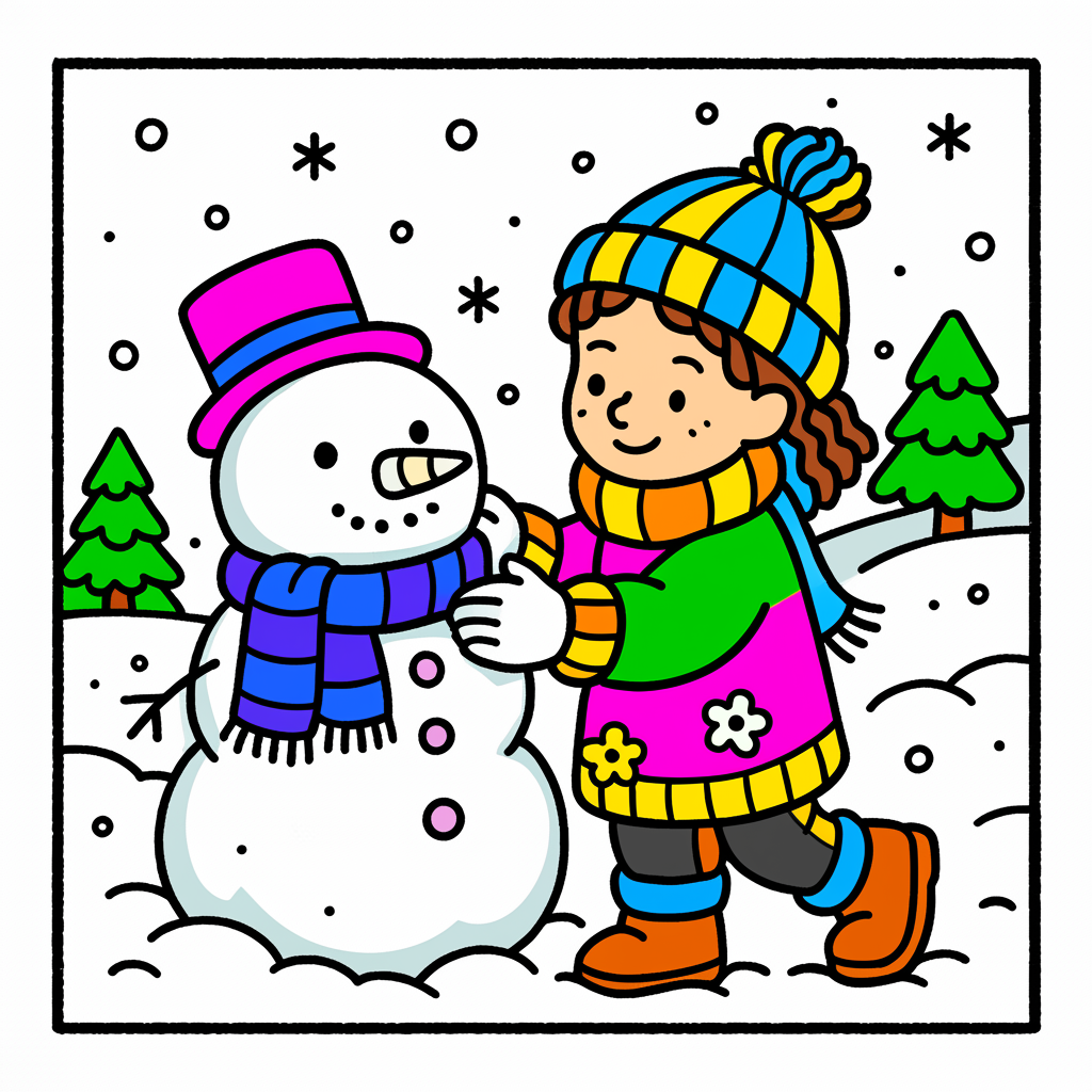 Winter Fun Snowman Friend Coloring Page - Colored Preview
