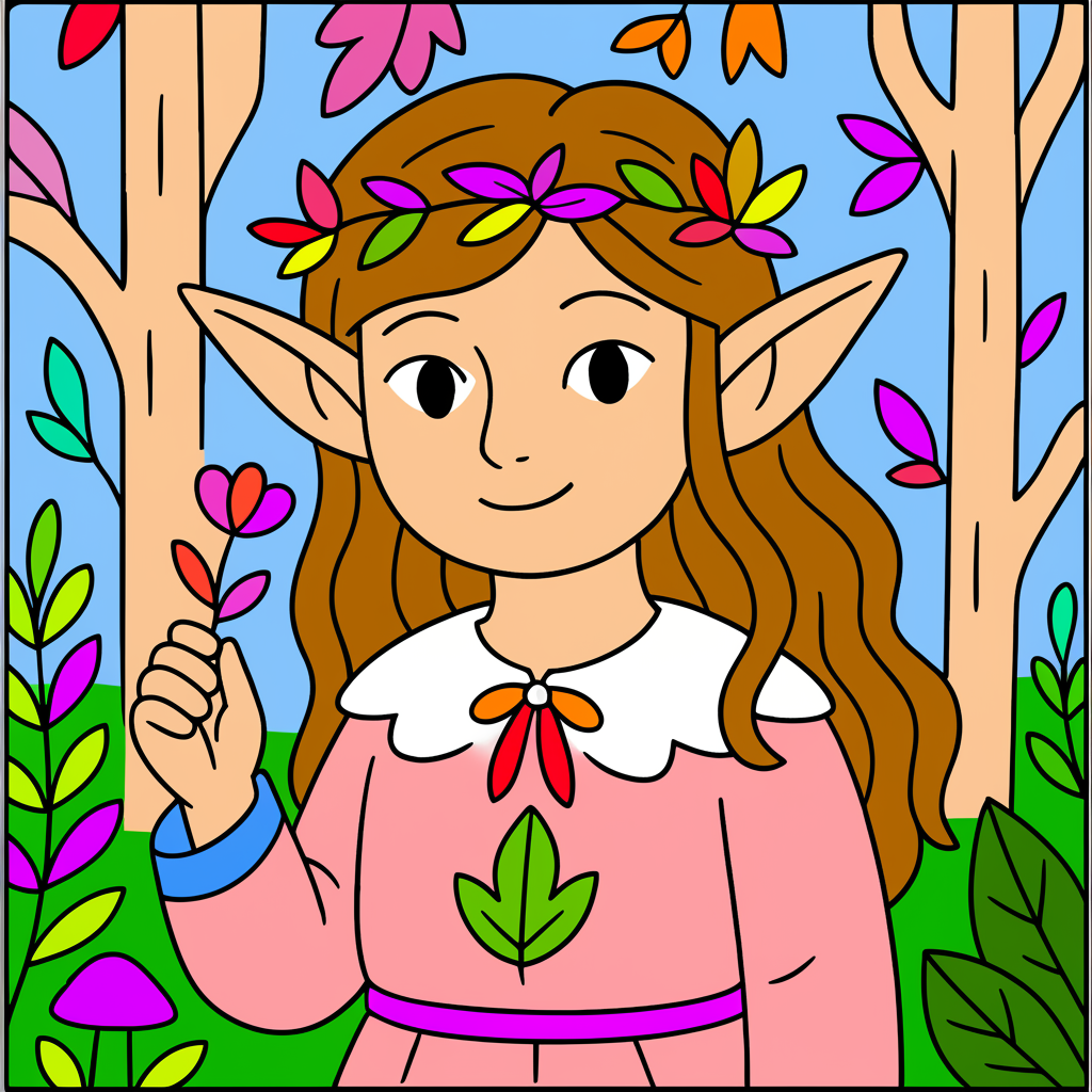 Woodland Elf Maiden's Bloom Coloring Page - Colored Preview