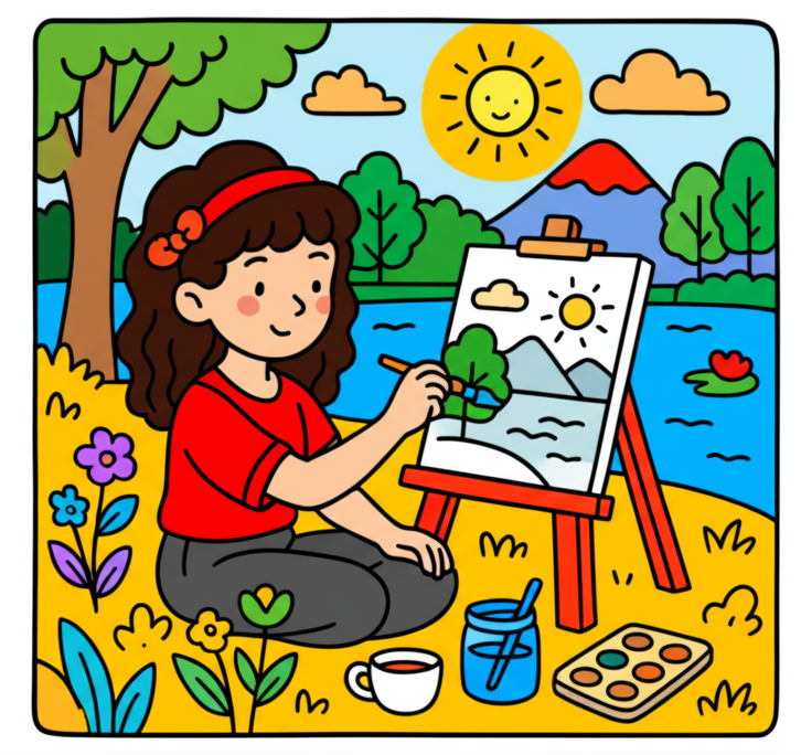 Young Artist Paints Landscape Coloring Page - Colored Preview