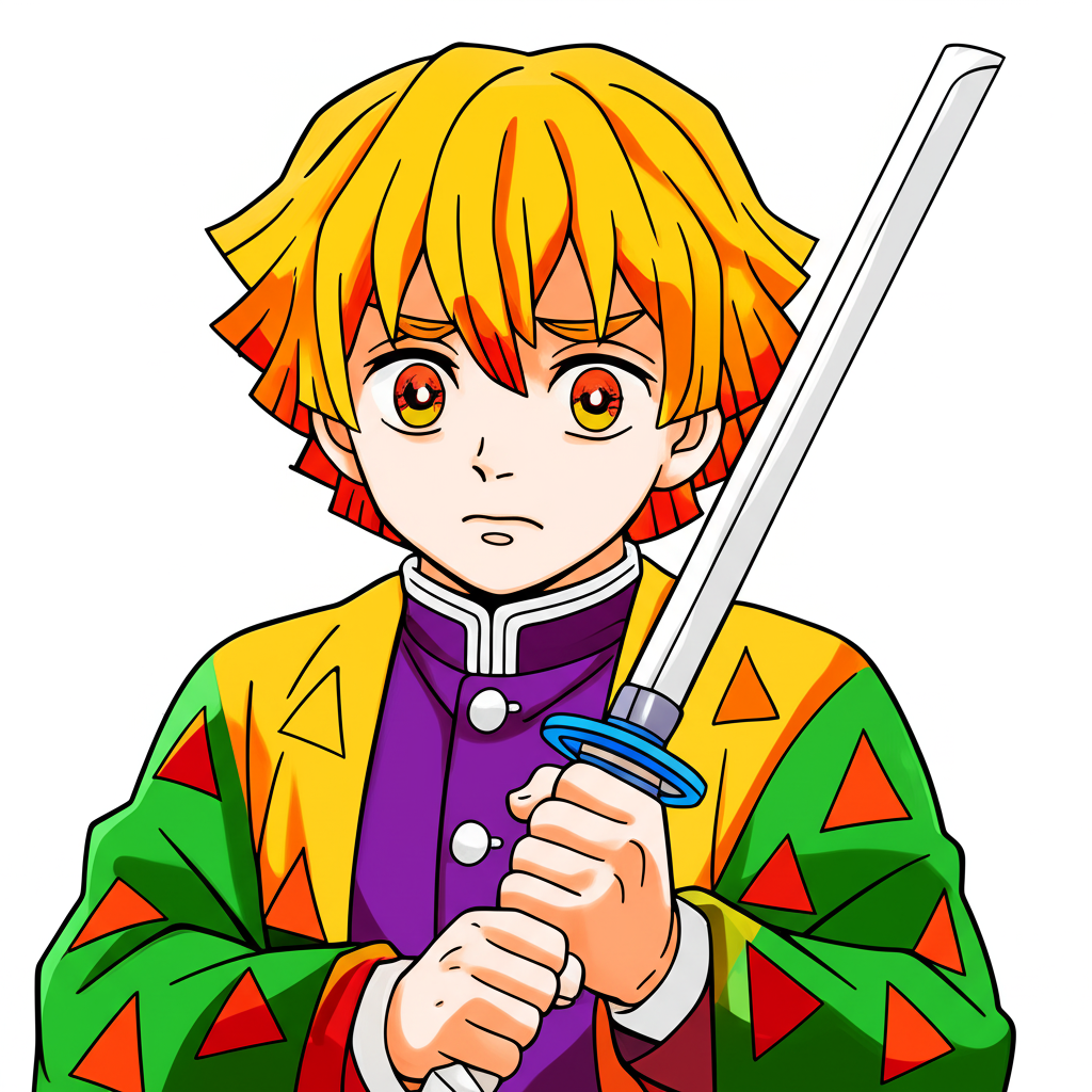 Zenitsu Agatsuma Sword Pose Coloring Page - Colored Preview
