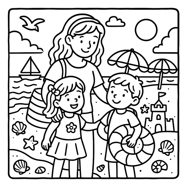Mom with Kids Sunny Beach Day coloring page