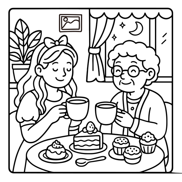 Grandma and Granddaughter Tea Time Coloring Page coloring page