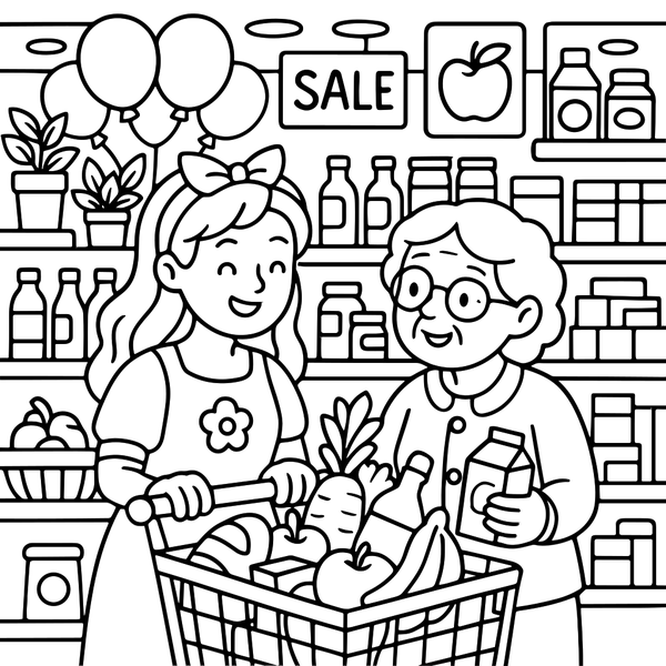 Grandma and Granddaughter Grocery Fun coloring page
