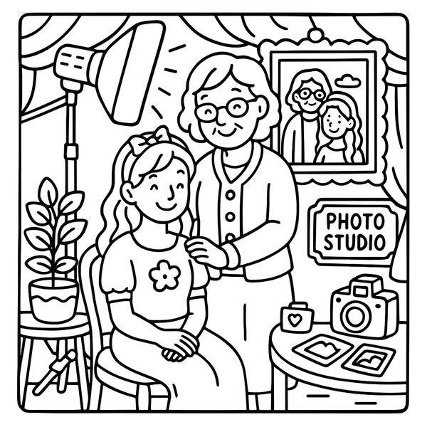 Grandma and Granddaughter at Photo Studio coloring page