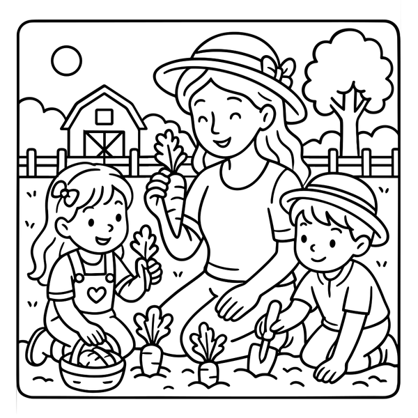 Mom with Kids Gardening Together coloring page