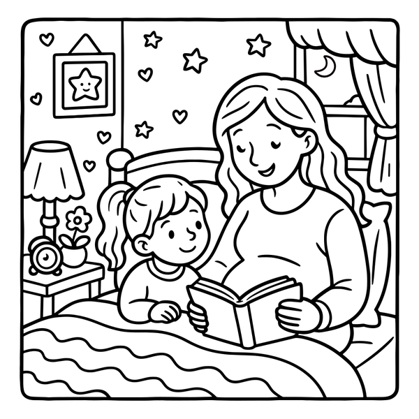 Mom Reading Bedtime Story Under Starry Sky coloring page