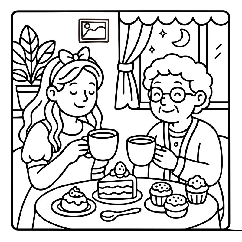 Grandma and Granddaughter Tea Time Coloring Page coloring page
