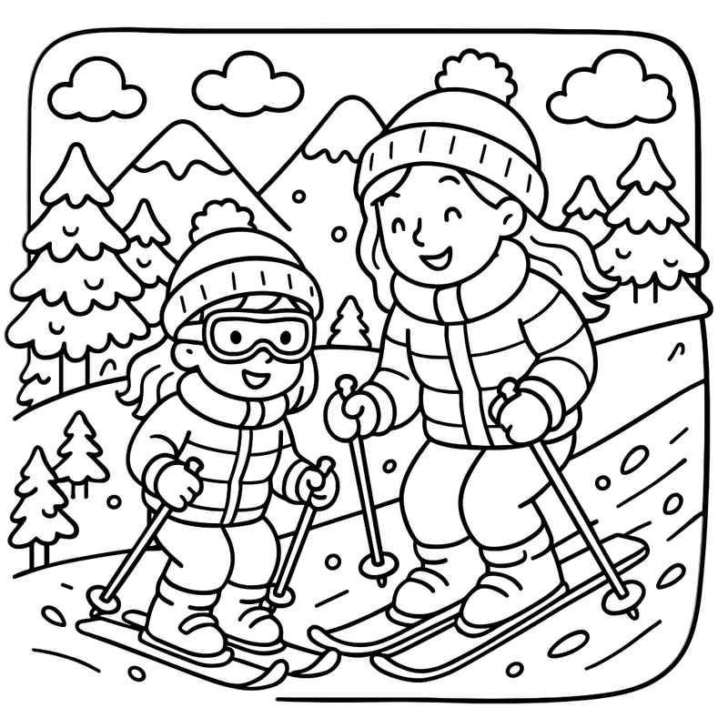 Mom and Daughter Exhilarating Skiing Adventure coloring page