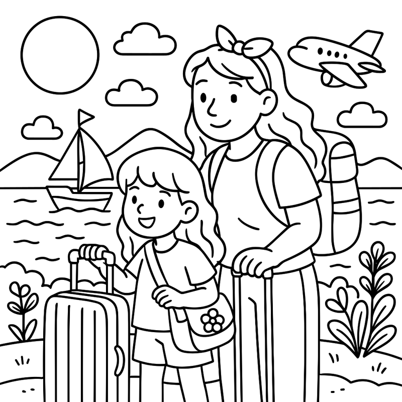 Mom and Daughter's Exciting Travel Adventure coloring page